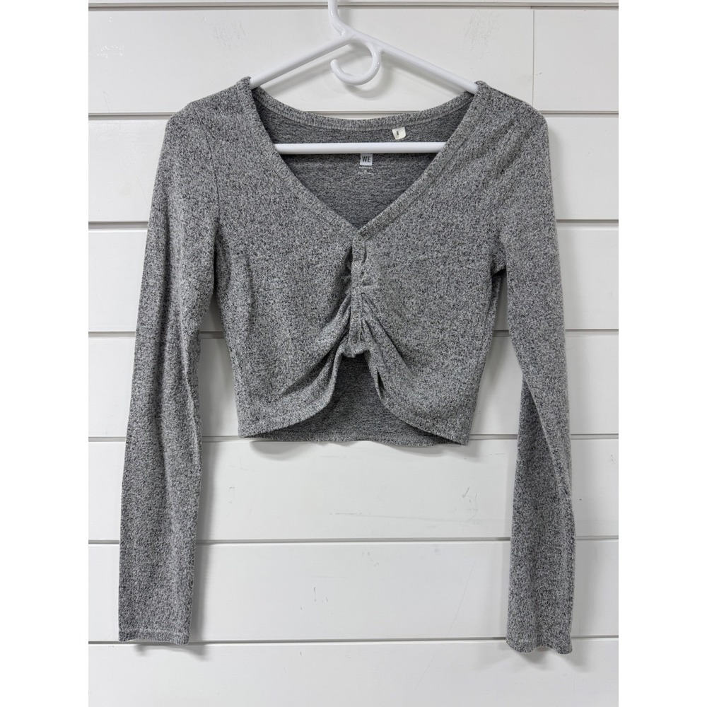 Me To We Essentials Womens Medium Grey Ruched Front Long Sleeve Crop Top Marl